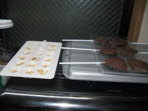 An image of molded chocolate popsicles and molds with peanuts waiting for the chocolate.
